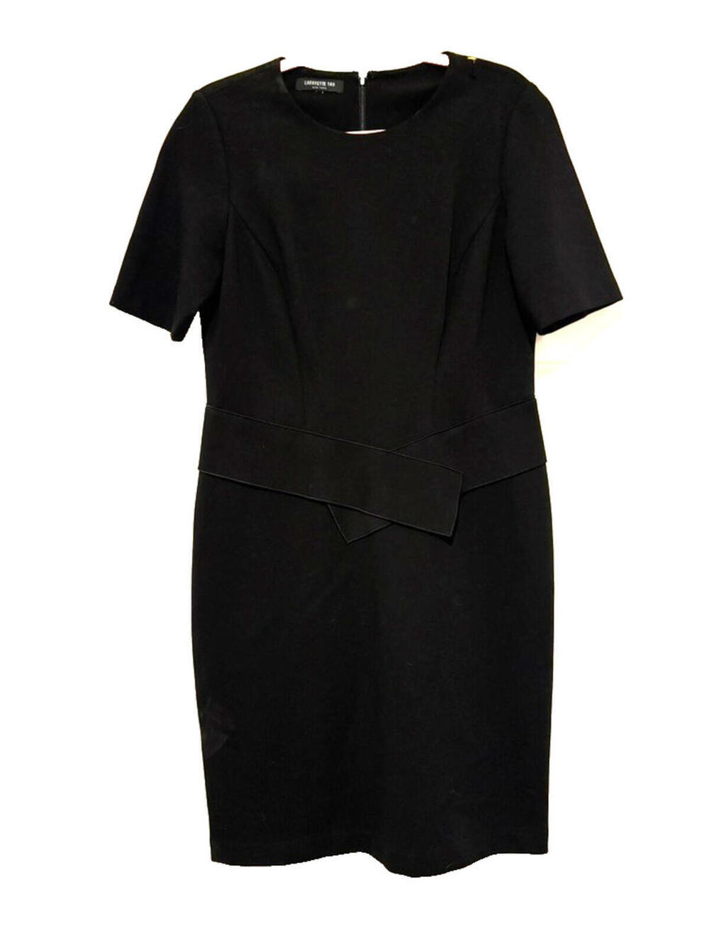 LaFayette 148 sz M or 12 black classic stretch short sleeve knee len. dress#3526
